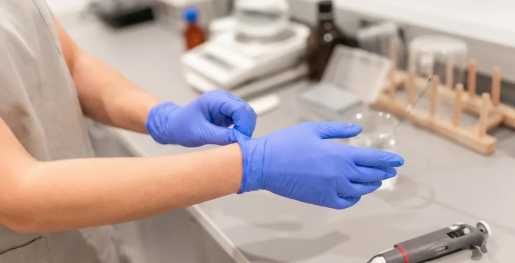 La cosmeteuse mettant des gants avant de réaliser des cosmétiques naturels